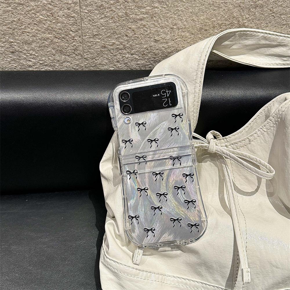 Korean Cute Bowknot Phone Case For Samsung Z Flip 6 5 4 3 Cover with Chain Clear Hinge Cases for Galaxy Z Flip5 Flip6 Flip4 Capa