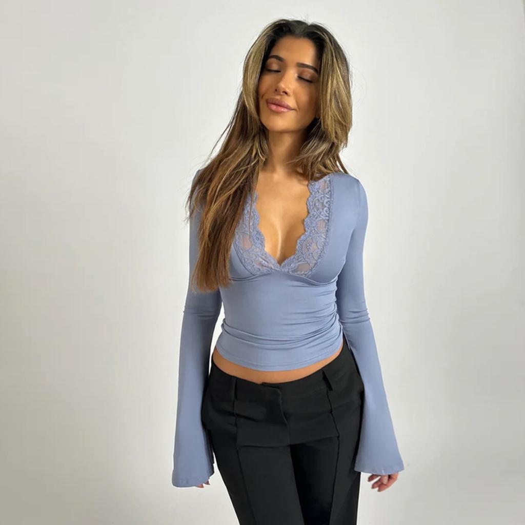 Women's Sexy Long Sleeve Slim Fit V-neck Lace Spliced Basic Top, Popular Casual Blouse for Daily Wear