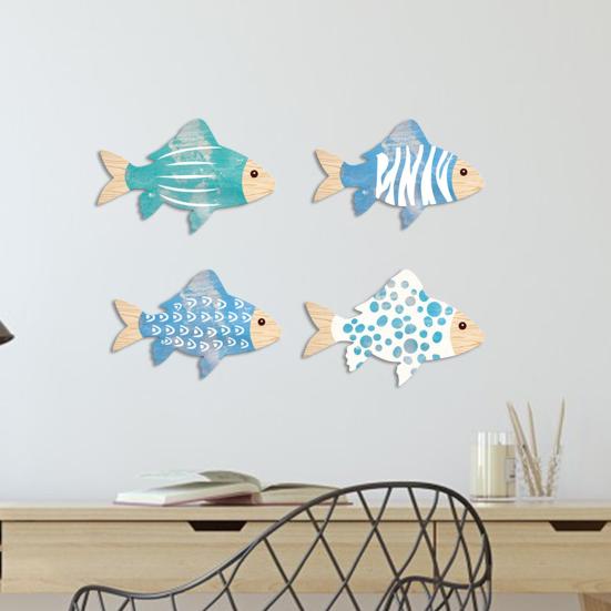 4 Pcs Wooden Fish Wall Decor Rustic Beach Nautical Wood Art Coastal Themed Wall Hanging Sign for Home Lake House Bathroom Decor