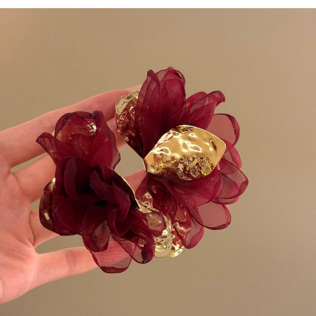 Retro Red Fabric Chiffon Flower Earrings Earrings Exaggerated Earrings Design Sense Niche