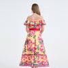 2026 Summer Bohemian Gorgeous Flower Long Dress Women's Ruffes Slash Neck Floral Print Belt A-Line Holiday Famale Beach Clothes