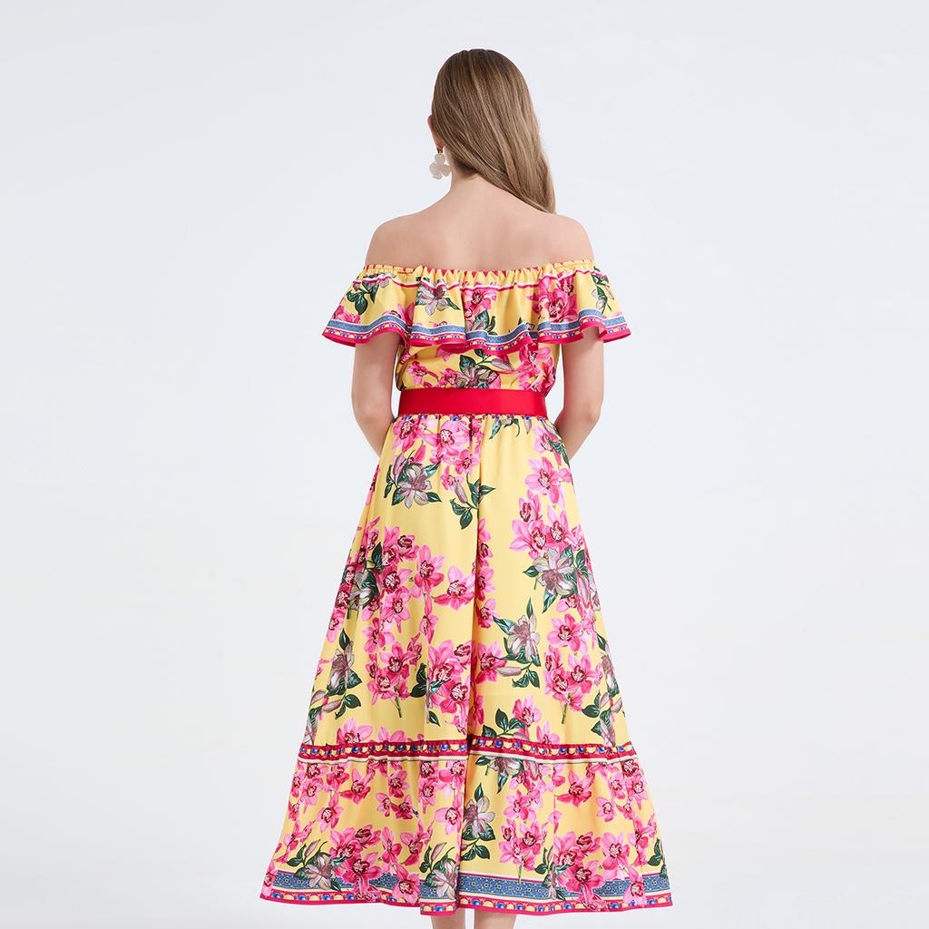 2026 Summer Bohemian Gorgeous Flower Long Dress Women's Ruffes Slash Neck Floral Print Belt A-Line Holiday Famale Beach Clothes