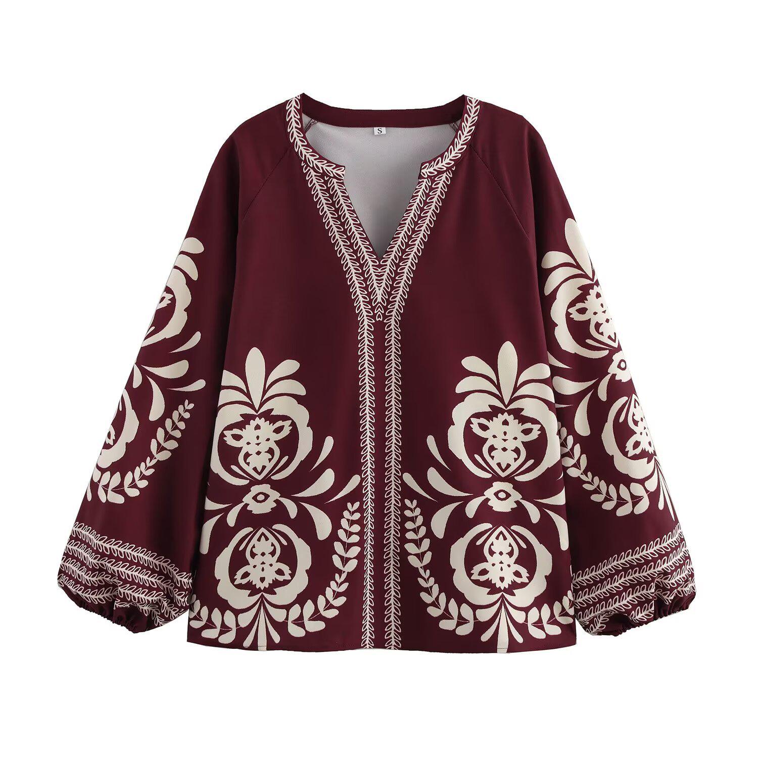 

Весна 2025 Женская рубашка с V-образным вырезом, принтом и длинным рукавом в европейском и американском стиле M