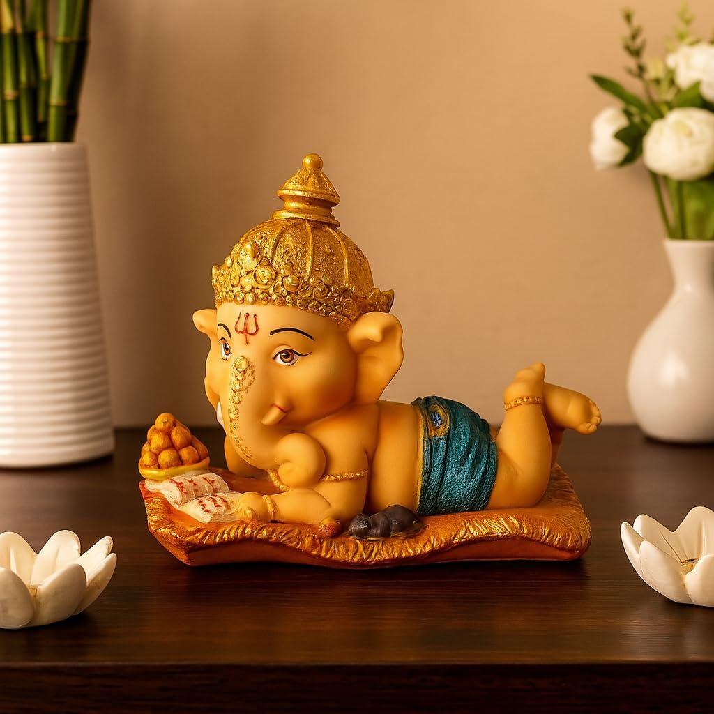 Resin Cute Bal Ganesha Decorative Statue for Home Decor - (Set of 1 Piece, Multicolor)