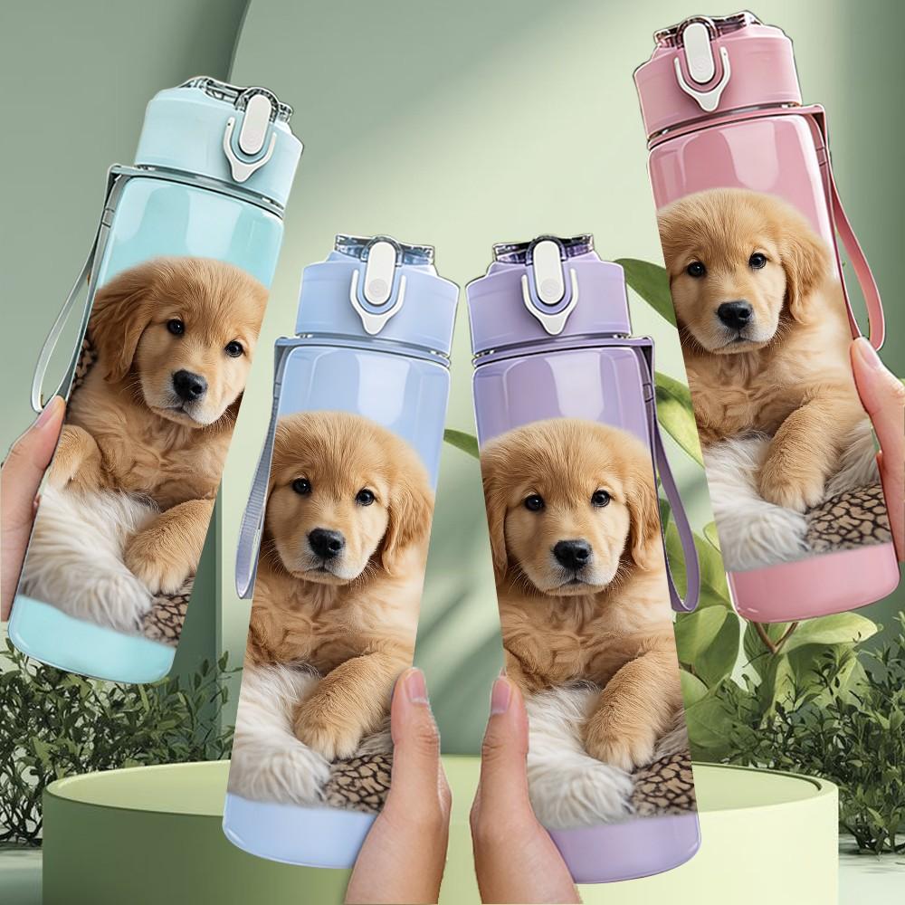 1PC Sleepy Puppy Fluffy Dog Print 750ml Color Plastic Sports Water Bottle Leakproof Flip Straw Lid Suitable for Sports Office Home Use