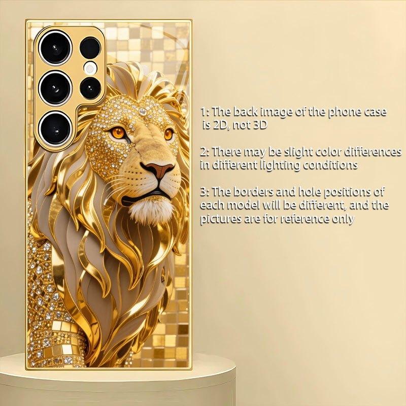Gold Lion Image Electroplated Glass Phone Case, Suitable for Samsung S26/S25, S24/S23/S22/S21/S20, Etc. Models