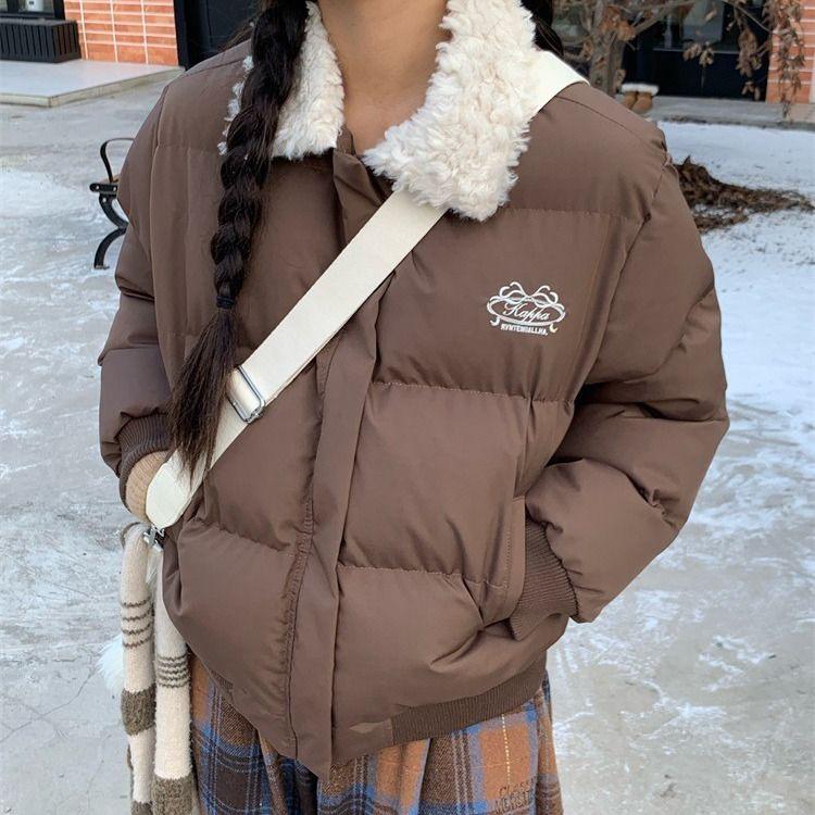 Retro Cotton Jacket Lambswool Lapel Short Cotton Jacket for Little Women Winter Thickened Warm Cotton Jacket