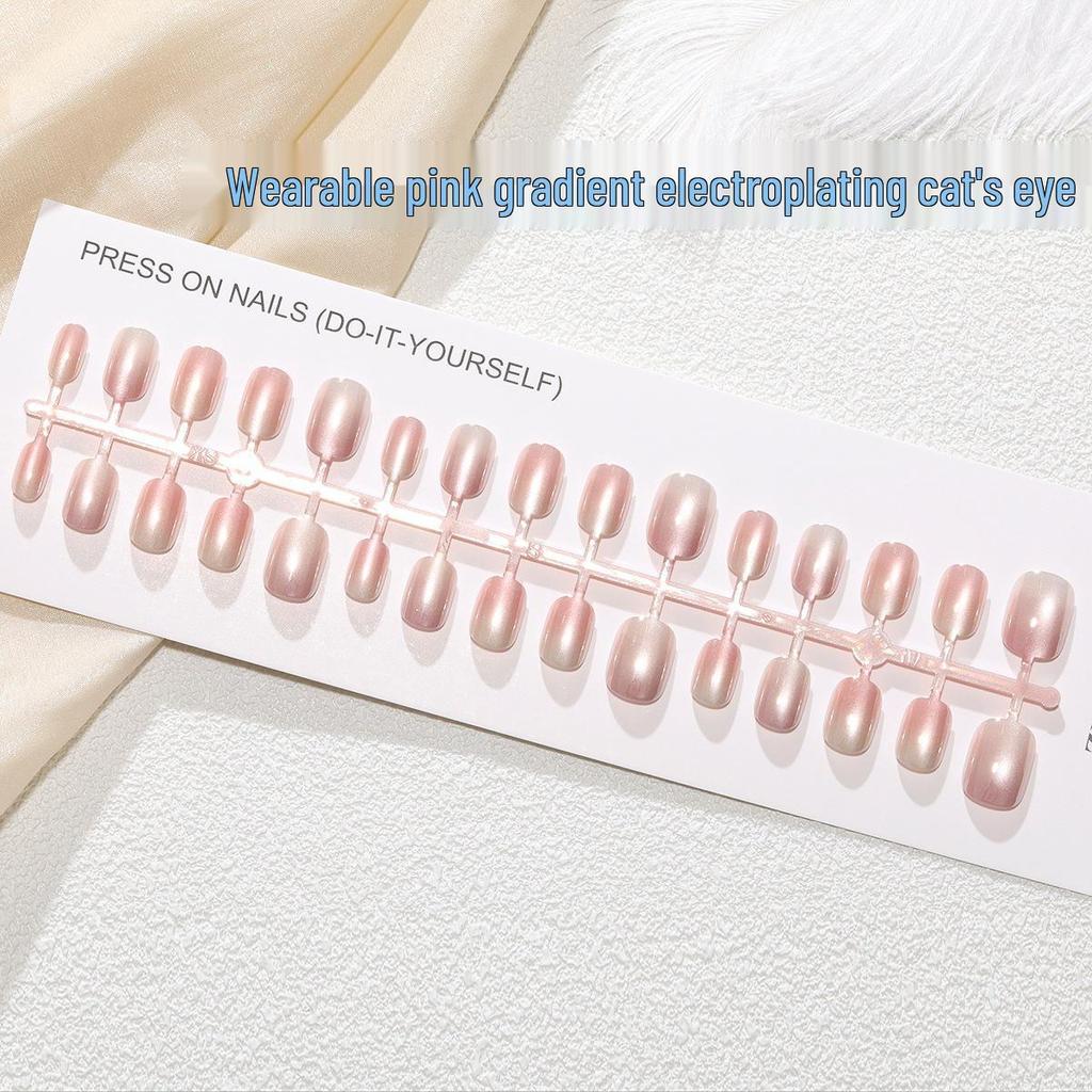 Nail Art Gilded Cat's Eye Blush Tips - 30-Piece Set, Handmade & Ready-to-Wear In XS/S/M