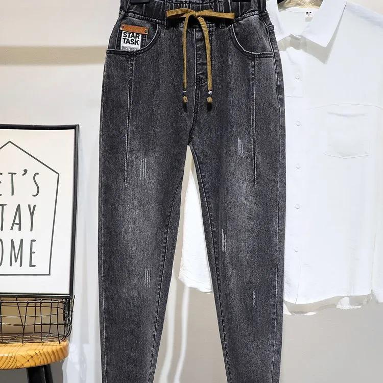 Frühling und Sommer Extra große Stretch-Jeans für Damen Lockere, schmale, halbelastische Haremshose mit hoher Taille