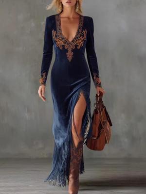 2025 Vintage Bohemian Tassel Floral V-neck Dress for Women – Spring/Autumn