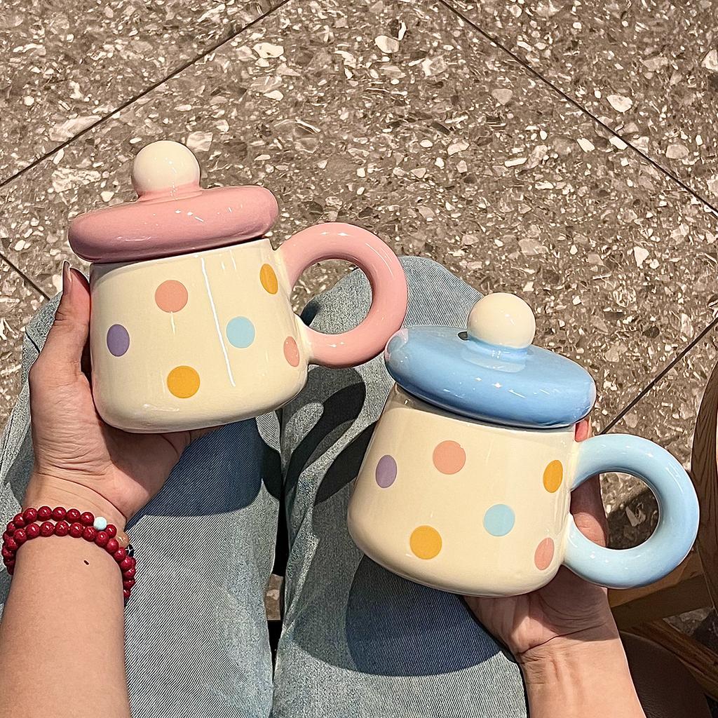 Chubby mug with lid spoon ceramic mug large capacity water cup couple home coffee breakfast cup souvenir