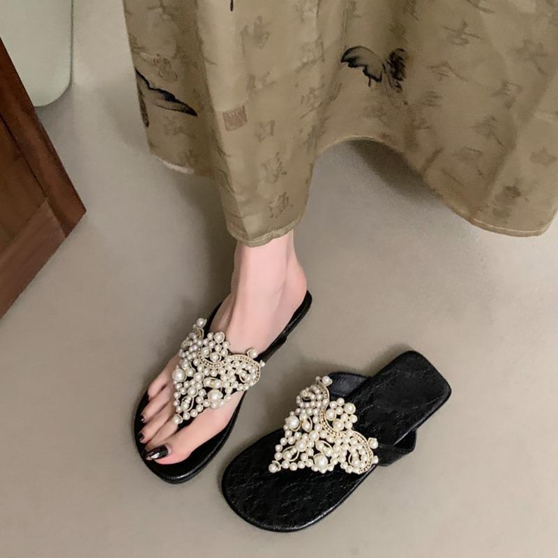 Soft Leather Version~ Beautiful Pearl Toe Flat Bottom Cool Slippers Women Wear Bohemian Holiday Wind Beach Flip-flops