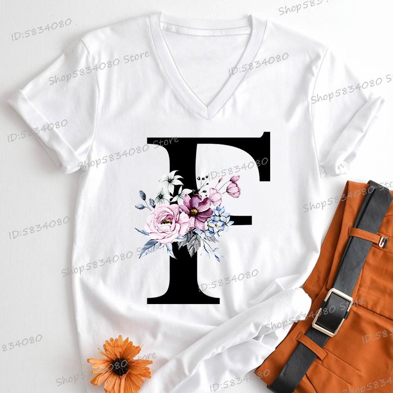 Vintage Flower Alphabet Womens Clothing Letter M Floral Monogram Graphic T Shirts Women AZ 26 Alphabet Gift Shirt for Women
