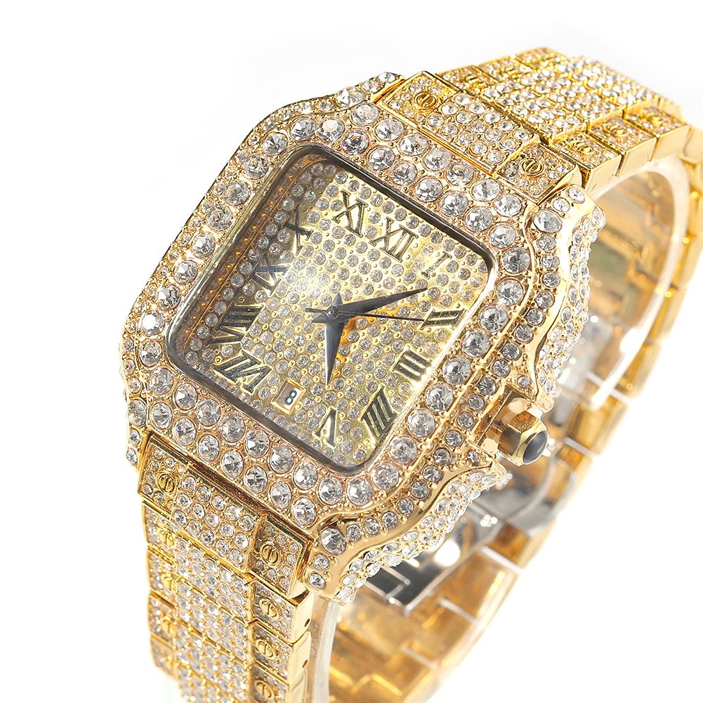 UWIN Hip Hop Full Iced Out Square Wrist Watch Roman Numerals Diamond Dial Quartz Watches Waterproof Clock Watch for Men Women