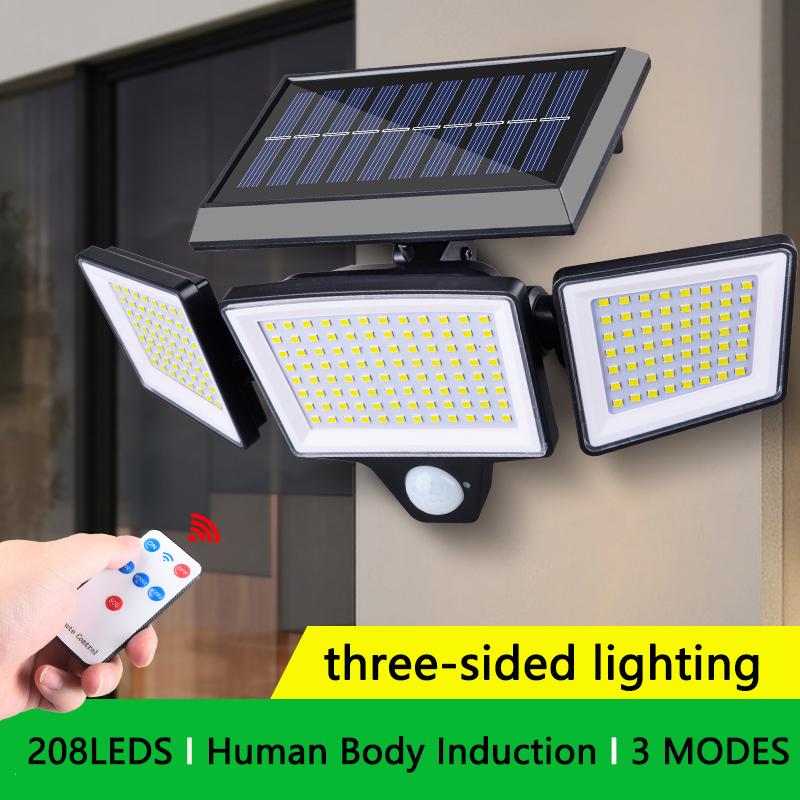 208LED Solar Outdoor Lights Security Lights with Remote Control 3 Heads Motion Sensor IP65 3 Modes Waterproof Flood Wall Lights