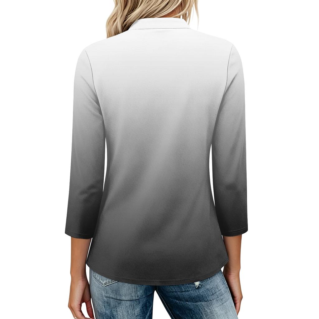 Womens Casual Loose Fit Polo Collar Top with Three Quarter Sleeves Gradient Print Pullover Henley Blouse Shirt