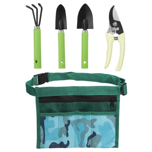 

1SET Portable Gardening Tool Set, Tool Pouch Belt with Round Shovel & Point Shovel & Hand Cultivator & Pruning Shear for Garden Yard Lawn