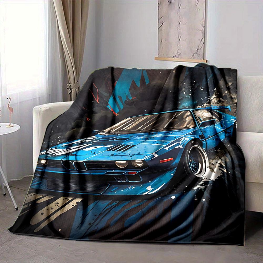 1PC Blue Car Art Blanket, Throw For Sofa, Bed, Travel, Camping, Livingroom,