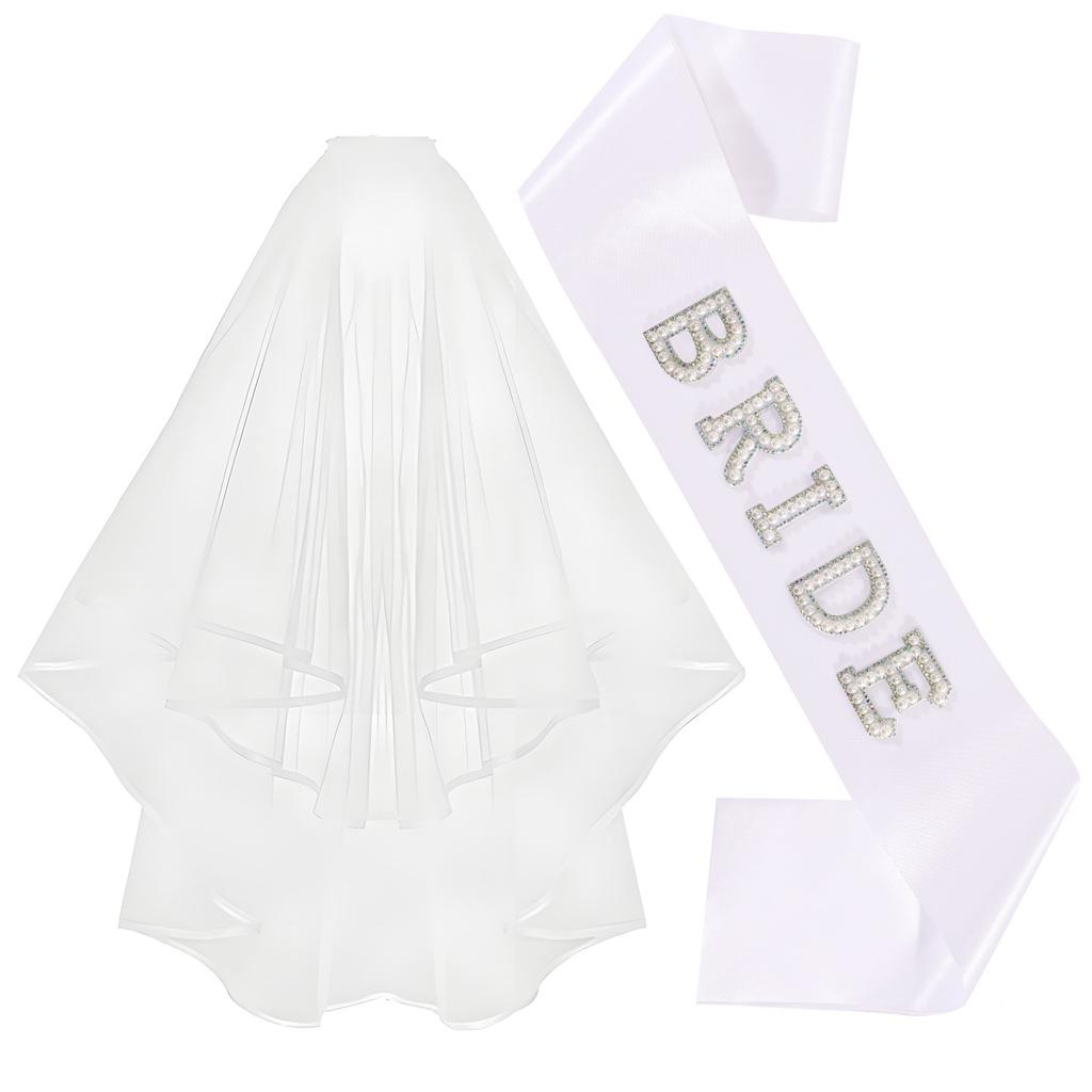 2026 Fashion Bride Bachelor Party, Bride Pearl Crystal Shoulder Strap Veil Headband Ribbon