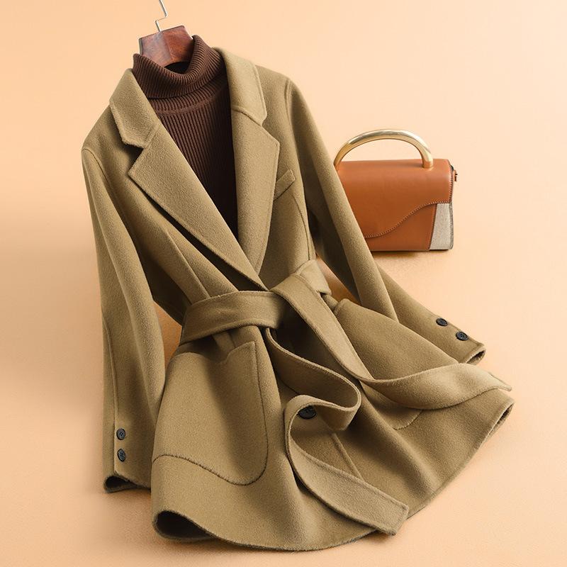 Autumn new wool coat women's fashion double-sided woolen coat lace-up medium and long coat coat