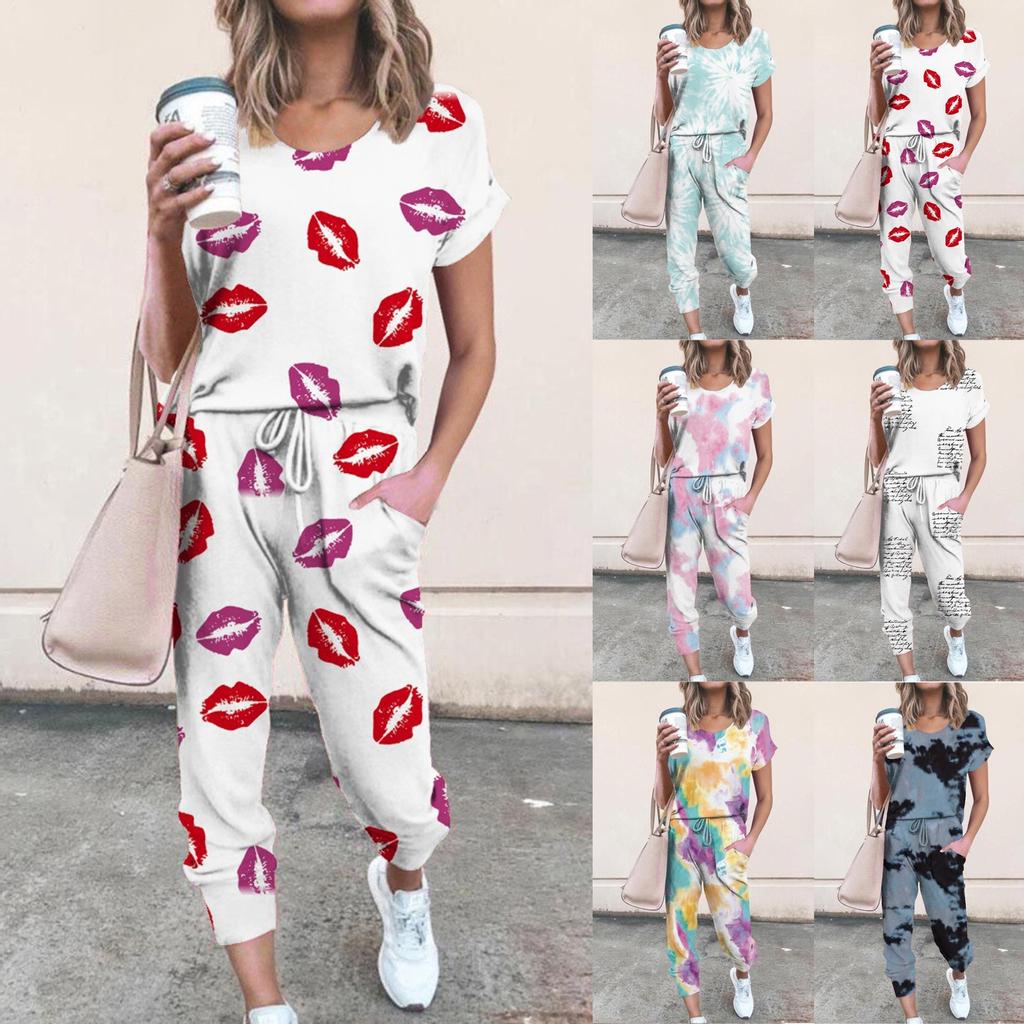 Women Round Neck Lip Print Tie-Dye Casual Short Sleeve Sports Suit