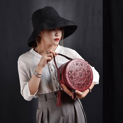 Torebka typu crossbody okrągła ze skóry naturalnej w stylu narodowym, damska torebka w stylu artystycznym, torebka retro, damska