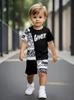 Toddler Boys Cool Gamer Comic Print 2-Piece Outfit, Summer Black & White Split Clothes for Kids, Perfect for Playwear & Outdoor