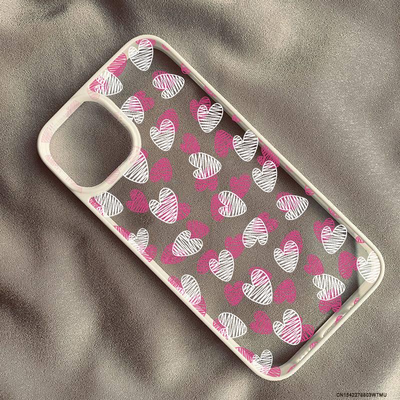 Cute Cartoon Black White Love Heart Phone Case For iPhone 14 Pro Max 16 15 13 Mini 11 12 XR XS X 7 8Plus Clear Hard Cover Fundas