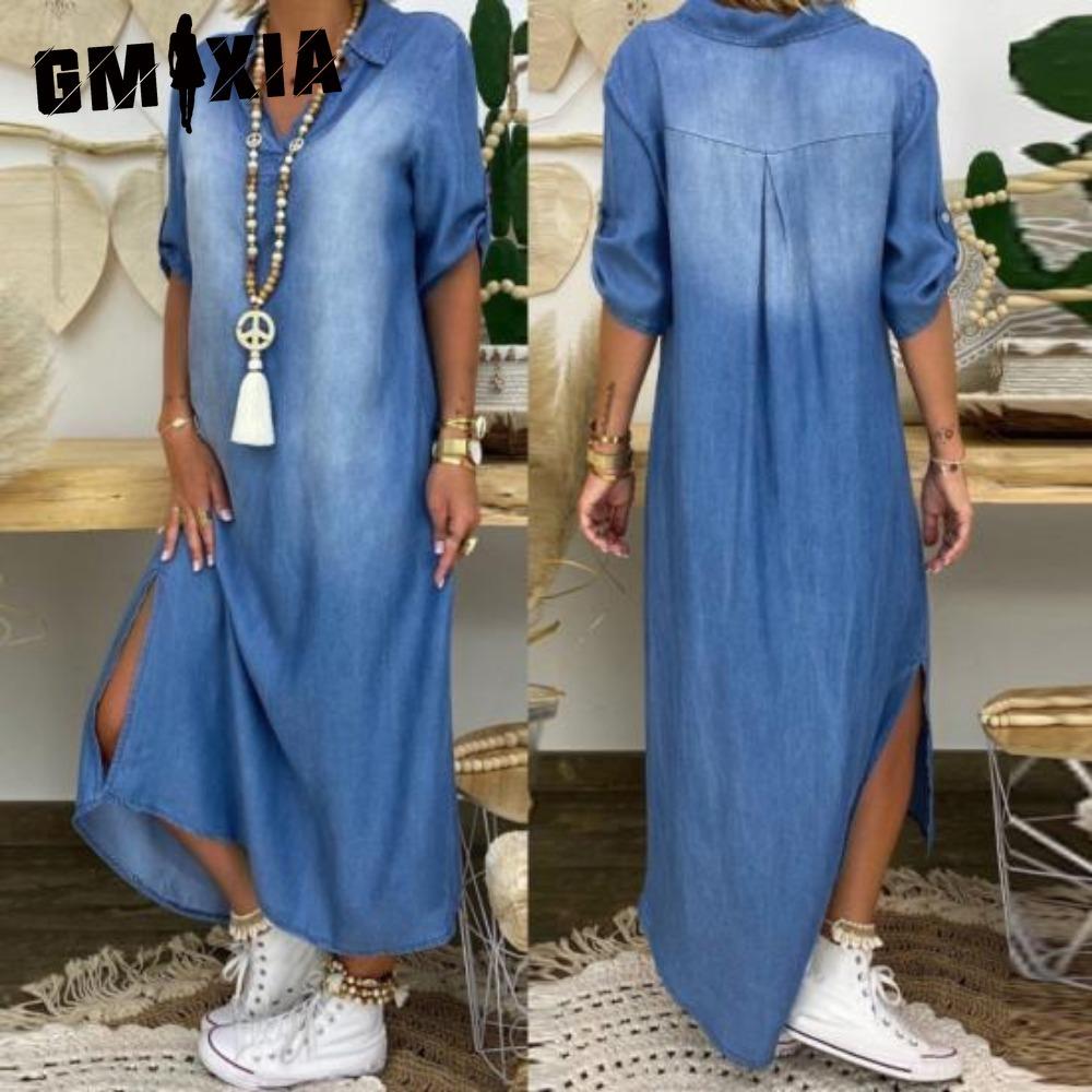GMXIA Letní džínové šaty pro ženy Ležérní jarní modré maxi šaty Výstřih do V Poloviční rukáv Nadměrná velikost Dlouhé šaty s rozparkem