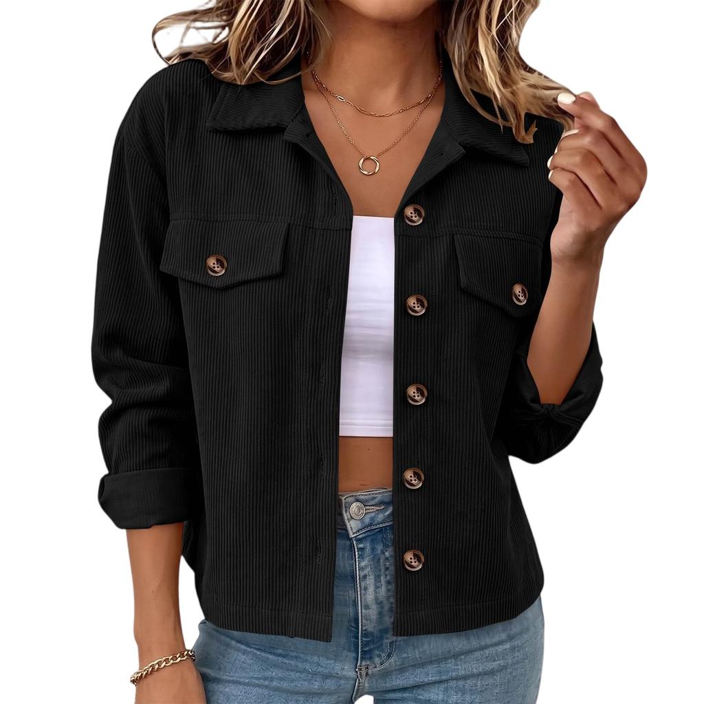 Corduroy Jacket Women Long Sleeve Button Down Cropped Jacket
