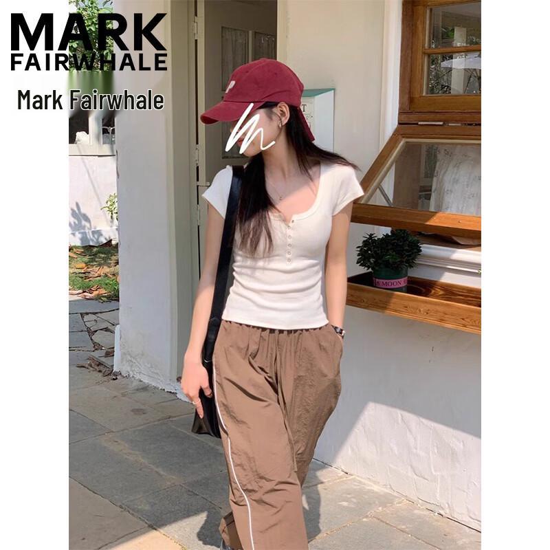 MARK FAIRWHALE Women s Slim Fit Half-Open Collar Short Sleeve T-Shirt L