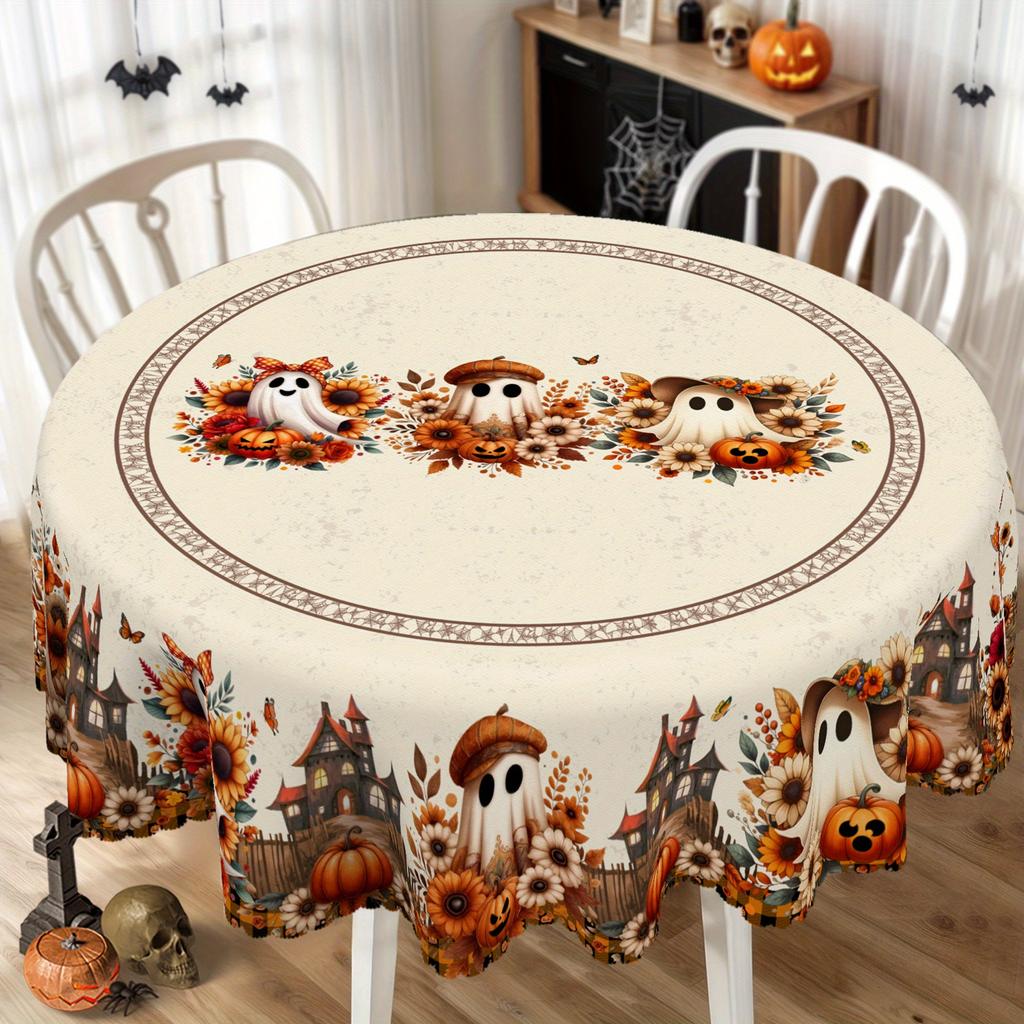 Autumn Halloween-themed tablecloth, featuring cute ghost, pumpkin and flower patterns.zyc