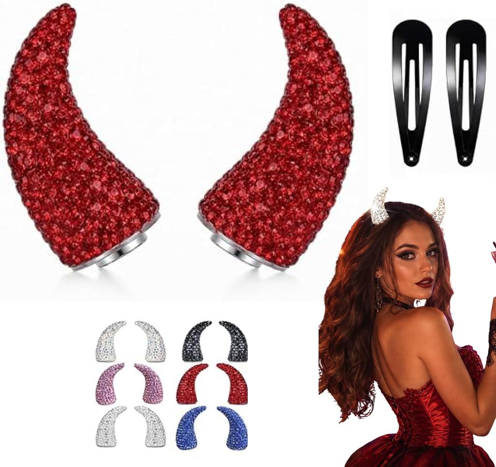 Magnetic Rhinestone Devil Horns Hair Clips - 2 Pairs Sparkly Cosplay Hair Accessories Set with Water Drop Pins, Secure No-Slip Hold for Halloween