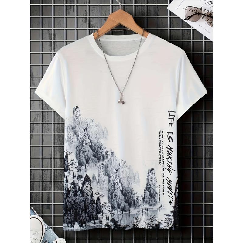 Comfortable Crew Neck Short Sleeve Sports T-shirt Men's Fashionable Athletic Mountain Print Versatile for Summer Spring Shirt
