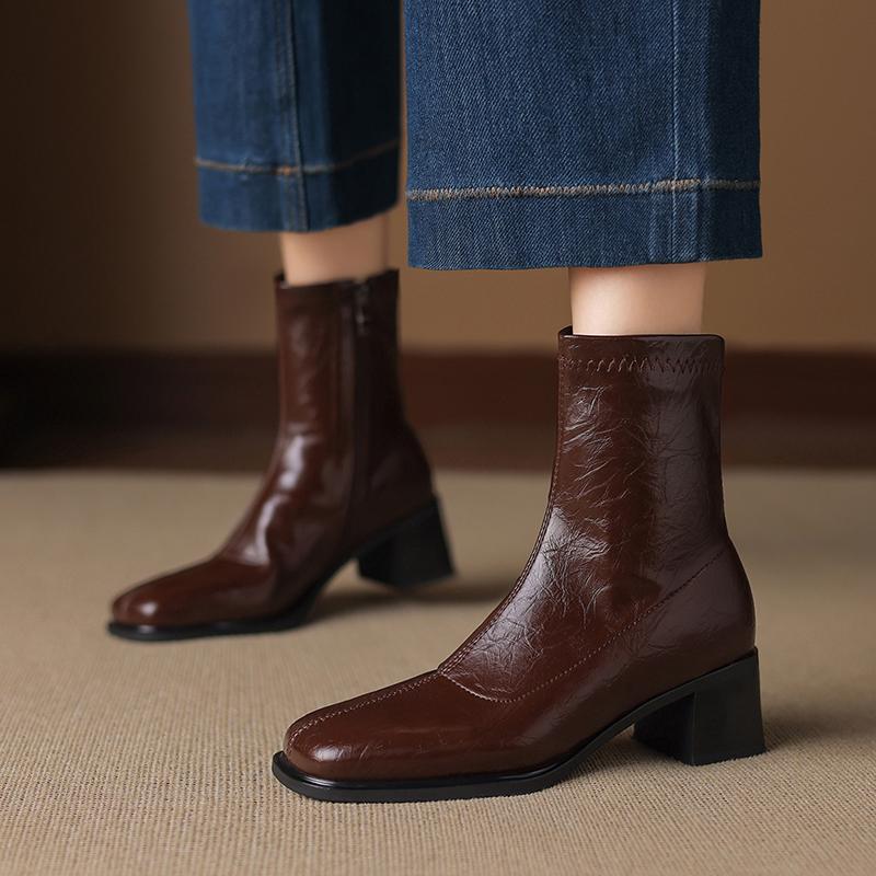 Krazing Pot Microfiber Winter Square Toe Modern Size 33 Boots Basic Size 43 Clothing Thick High Heels Zipper Women Ankle Boots