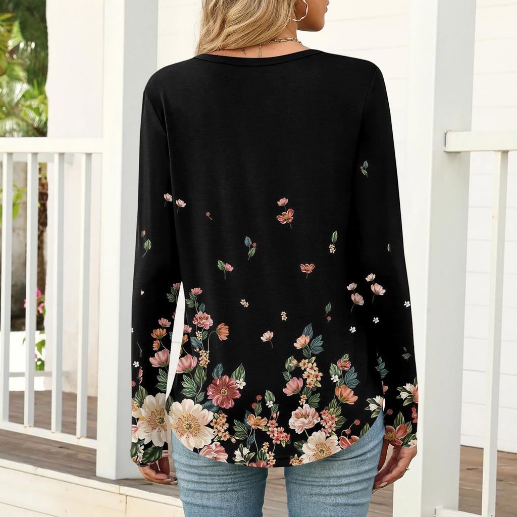 Women's Casual Fashion T,shirt, Vintage Floral Print, Round Neck, Long,sleeved Top.