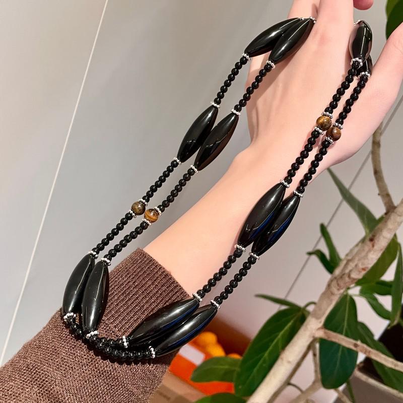 Элегантное Черное Овальное Кристальное Бусинное Двухслойное Ожерелье-Свитер