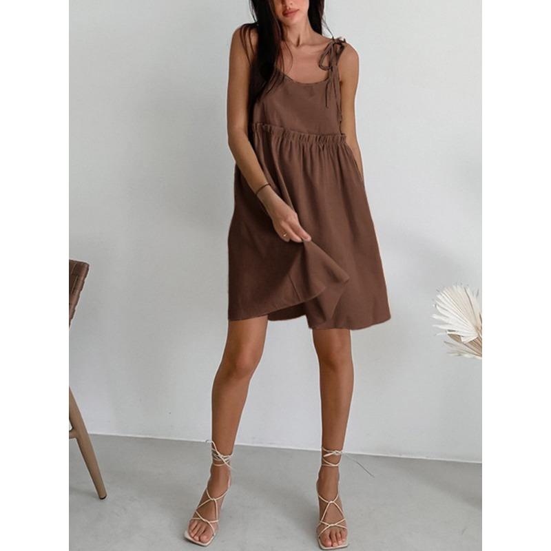Ärmelloses Sommerkleid Locker A-Linie Mini Kurz Süße Mode Damen Spaghettiträger Partykleid Einfarbige Krawatte Rüsche Lässig Locker Falten Sommerkleid