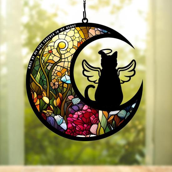 Pet Memorial Suncatcher Angel Cat Dog Sun Catcher Panel Stained Glass Window Hanging Ornaments Pet Loss Sympathy Gift for Pet Lovers
