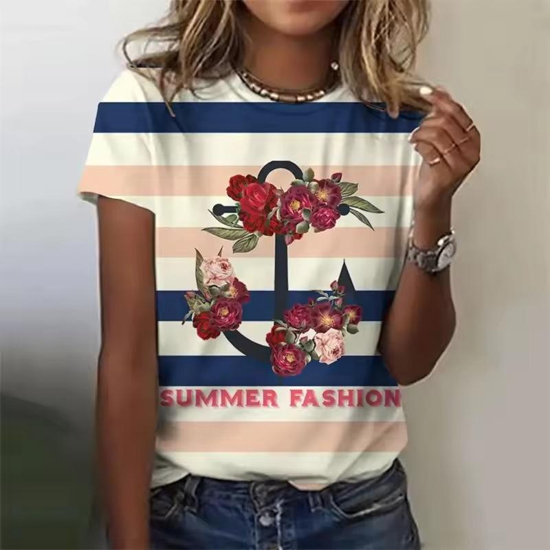 Summer Round Neck 3D Flower Boat Anchor Print Top Fashionable Casual Short Sleeved Women's T-shirts