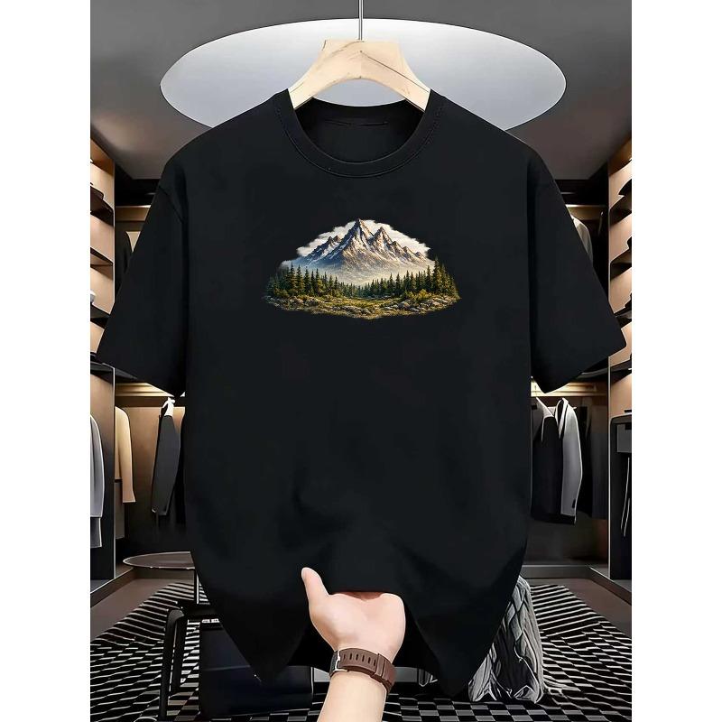 European Size Men'S Mountains And Their Reflections Graphic Print Crew Neck T-Shirt | Soft, Medium-Stretch Blend Fabric