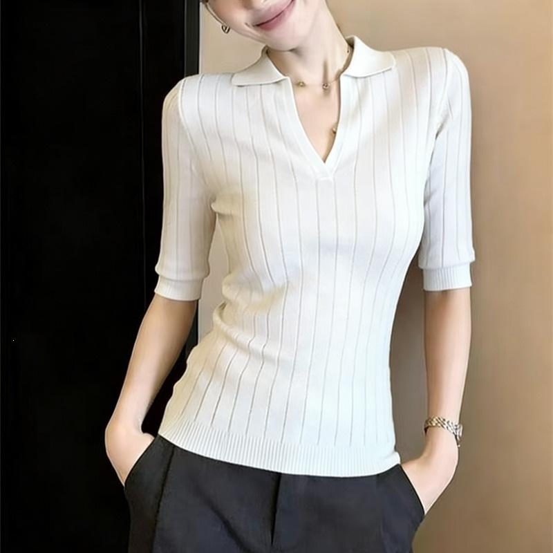 1116 Summer New Temperament Polo Collar Slim-fit Medium-sleeved Knitted Sweater Women's T-shirt Unique Design Pure Desire Top