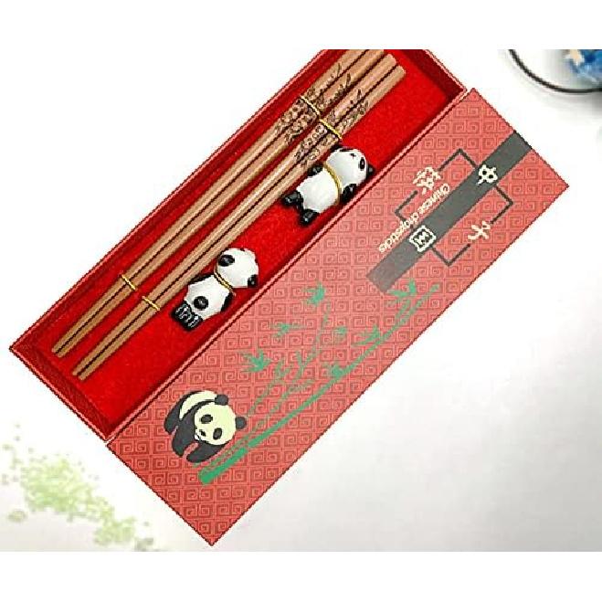 Cute Panda Chopsticks,Reusable Wooden Chopsticks Set with Ceramic Chopsticks Holder and Red Gift Case for Wedding,Anniversary,Birthday Presents 2