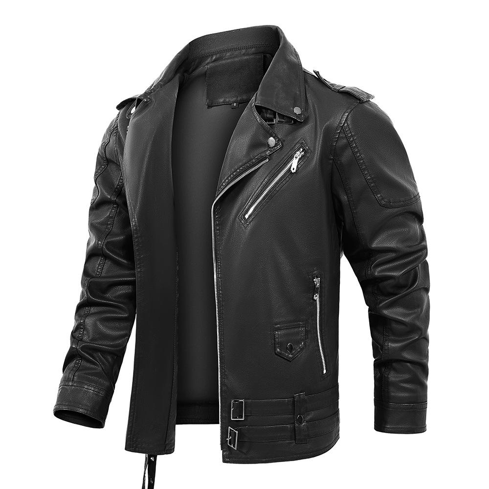 Men's Cross-Border PU Leather Motorcycle Jacket with Multi-Zippers and Belt - European Hip Hop Style for Autumn/Winter