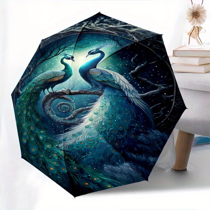 Peacock, Fantasy Automatic Folding Umbrella 8 Ribs, Durable Iron Frame, Bright Color Pattern Compact Travel Umbrella, Suitable for Outdoor,