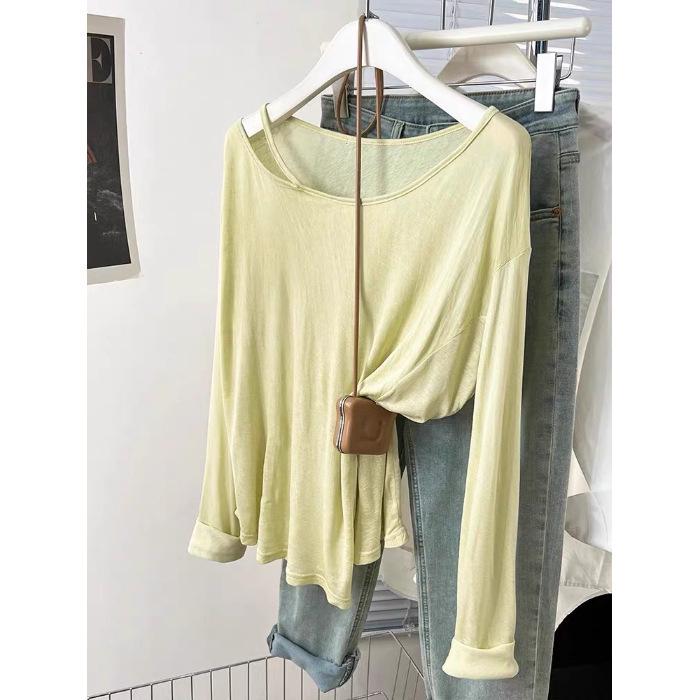 Women's Blue Off-the-Shoulder Sun Protection Long-Sleeve T-Shirt, Summer Loose Fit Cover-Up Top