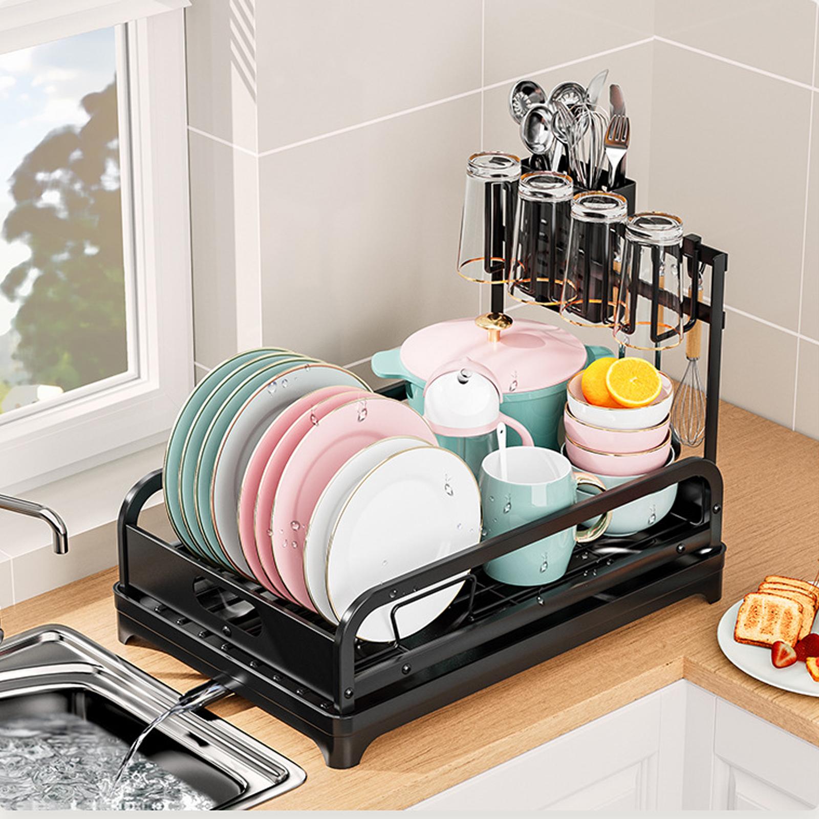 Сушилка для посуды с держателем для посуды держателем для чашки и сливным носиком антикоррозийная однослойная сушилка для посуды для кухонной столешницы и раковины чёрный 18759₽