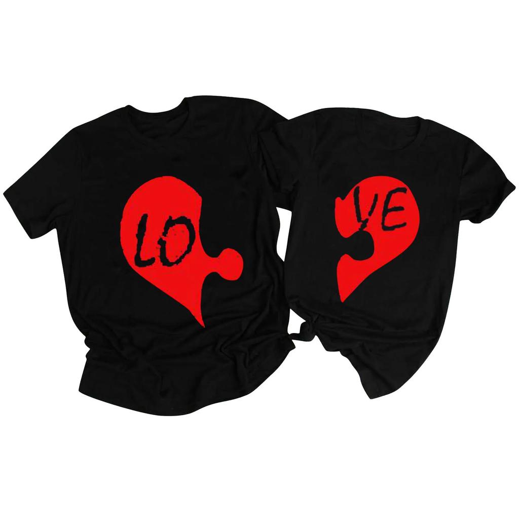 King Queen Couples T Shirt Love Jigsaw Print Couple Tshirt Summer Fashion Woman T-shirt Casual O-Neck Tops Lovers Tee Shirt