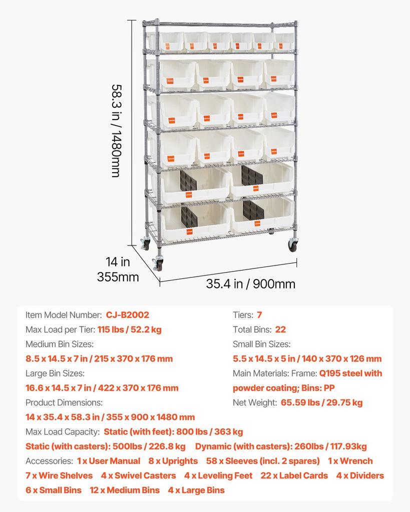 7-Tier Rolling Bin Storage Rack, 22 Organizer Bins, Bin Rack Storage Steel Wire Shelving System with Wheels, Mobile Tool Organizer for Garage,