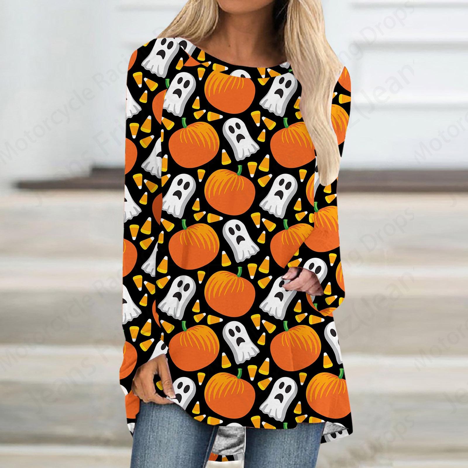 

Футболки с принтом в виде мультфильма «Хэллоуин» с 3D-принтом, женские модные футболки с длинными рукавами, повседневные длинные туники, топы с изображением призраков ужасов, женские 8XL